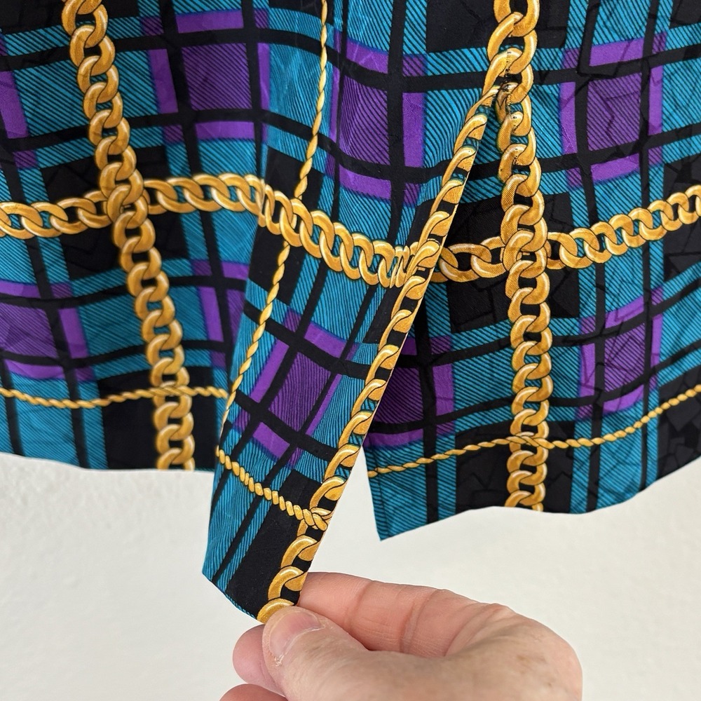 90s Adrianna Papell Silk Shift Dress Womens Blue Purple Plaid Chain Print Bow - Picture 9 of 12